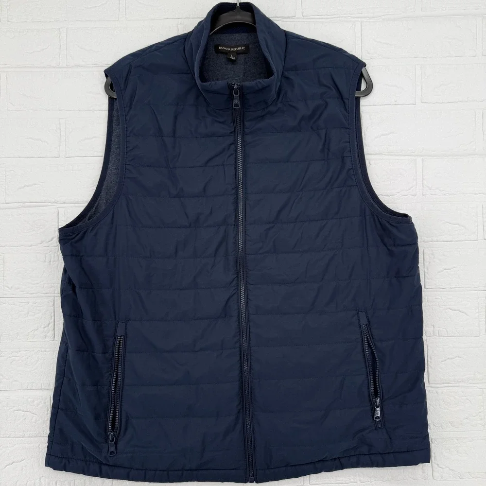 Banana Republic Puffer Vest Mens Large Navy Blue Quilted Fleece Lined Full Zip